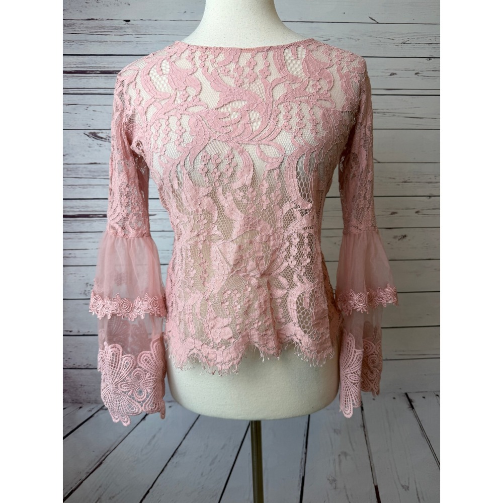 Say What? Lace Blouse Small Bell Sleeve Boho Shirt Top Fairy Coquette Pink Y2K‎